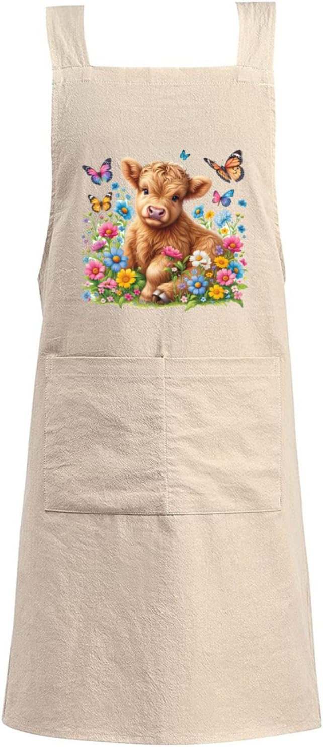 Cotton Linen Apron Non-tie Cross Back Kitchen Apron with Pockets Soft Comfortable Durable for Cooking Baking Gardening (Khaki,Highland Cattle)