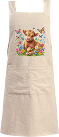 Cotton Linen Apron Non-tie Cross Back Kitchen Apron with Pockets Soft Comfortable Durable for Cooking Baking Gardening (Khaki,Highland Cattle)