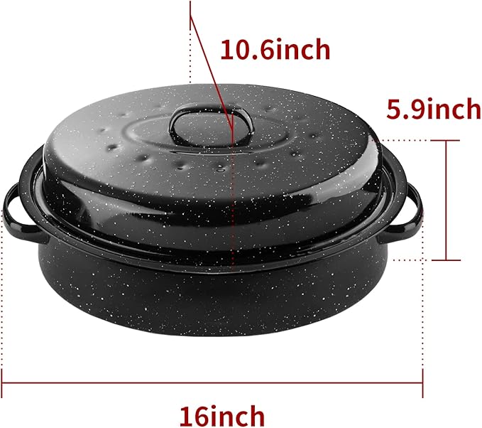 16Inch Roasting Pan, Enamel on Steel, Black Covered Oval Roaster Pan with Lid, Medium Cookware for Turkey, Small Chicken, Roast Baking Pan.