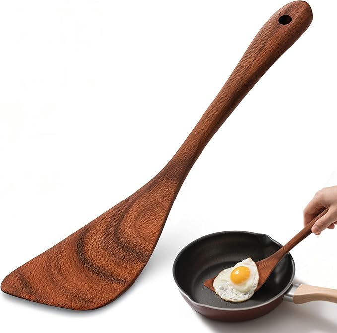 HANSGO Wooden Spatula, 12 Inch Acacia Wood Nonstick Turner, Right Hand Long Handle Flat Frying Spatulas, Kitchen Gift for Mother Wife Grandma, Non Toxic Cooking Utensils for Eggs, Fish, Pancakes