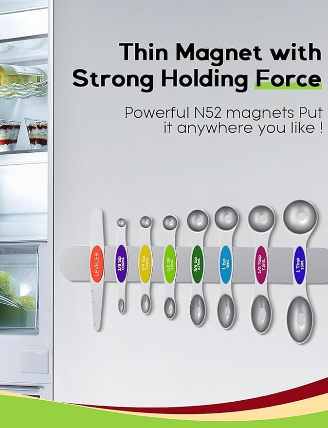 Magnetic Measuring Spoons Set Of 8, Heavy Duty 304 Stainless Steel Metal, Fits in Most Kitchen Spice Jars for Baking & Cooking, BPA Free,Measuring Dry & Liquid Ingredients (Light Colorful)