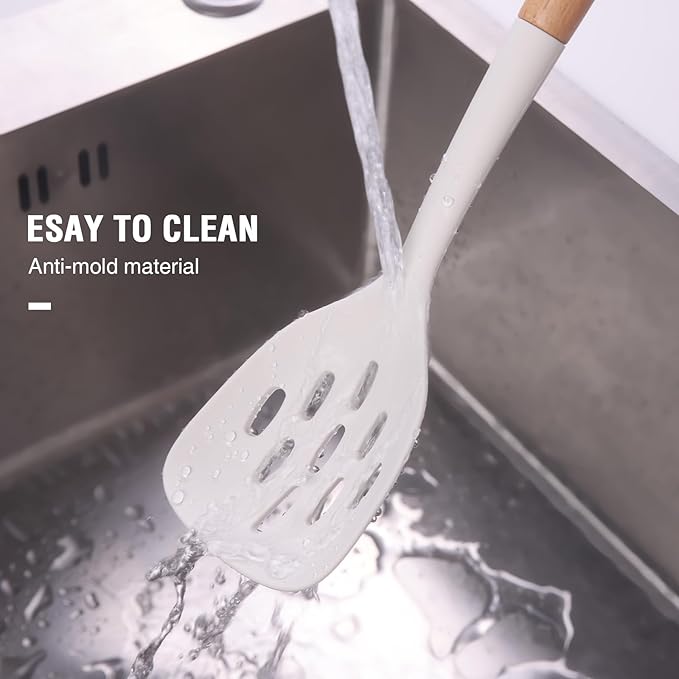 Kitchen Cooking Utensils Set, Silicone Cooking Utensils for Wooden Handles, 9 PCS Cooking Utensils with Spoon Spatula &Turner Made of Heat Resistant Food Grade Silicone for Nonstick Cookware