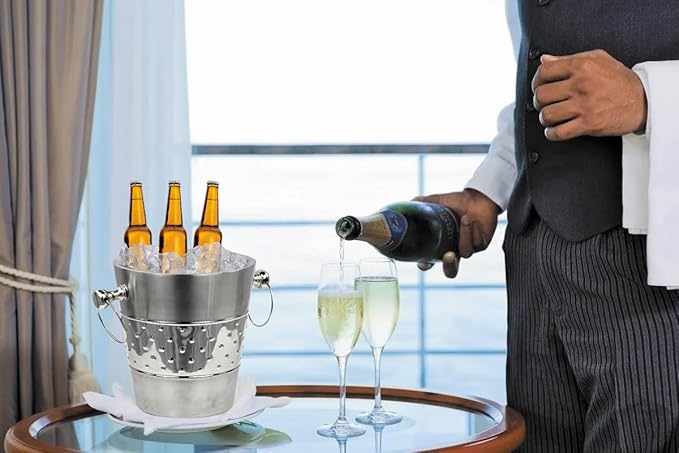 Indo-Persian Brushed Nickel Plated Majestic Wine & Ice Bucket with Steel Bucket Stand | Wine Chiller On Stand Kitchenware Bar Ware