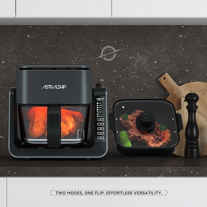 Astralship 2-in-1 Glass Air Fryer & Grill Combo, 4.2 QT + 1.3 QT Capacity, 7 Digital Presets, Small, Non-Toxic See-Through Glass Bowl, Low-Oil Healthy Cooking, Easy to Clean, Multi-Function Design