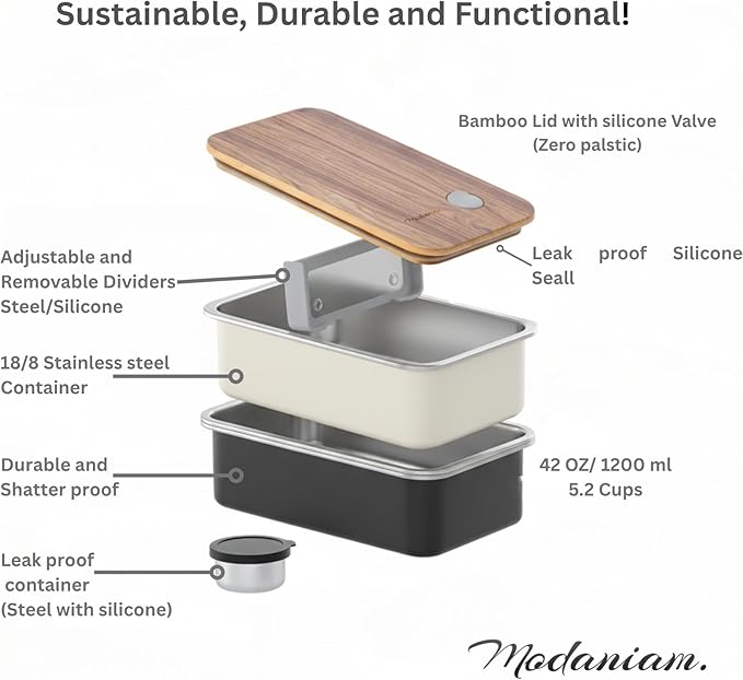Stainless Steel Bento Box Adult lunch box containers |leak proof Stainless Steel Lunch Box | Metal |large|bentobox| Non toxic|Plastic Free |Bamboo lid| 42 OZ