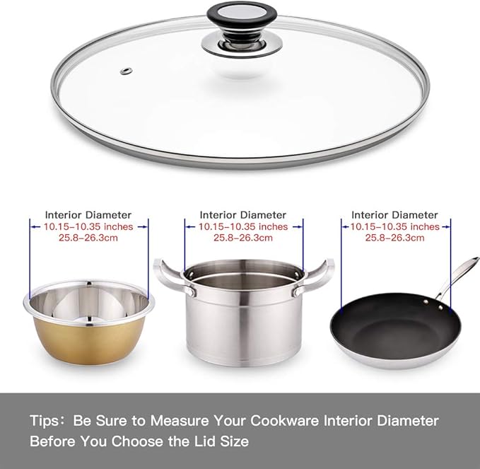 Glass Lid for Frying Pan, Fry Pan, Skillet, Pan Lid with Handle Coated in Silicone Ring,10.5"/26cm, Clear