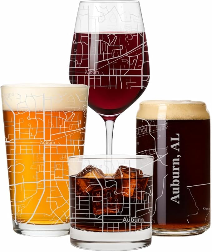 Blue Ridge Mountain Gifts - Auburn Souvenir - Alabama Glassware Gift, Etched City Map, Laser Engraved and Dishwasher Safe