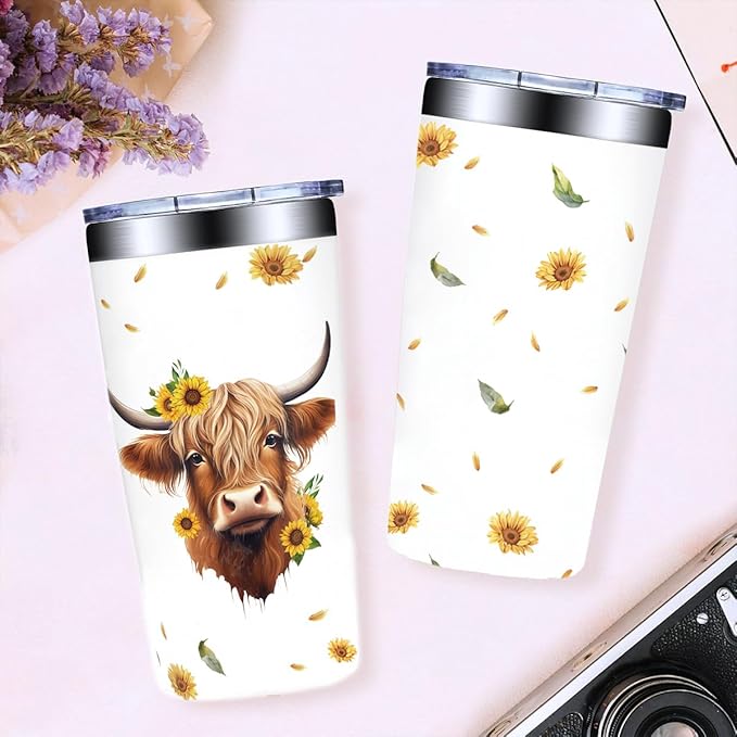 Highland Cow Tumbler - 20oz Stainless Steel Travel Mug, Cute Highland Cow Gifts for Women Friends, Birthday Gifts for Cowgirl, Farming Gifts for Female Farmers, Lover Presents for Friends, Bestie