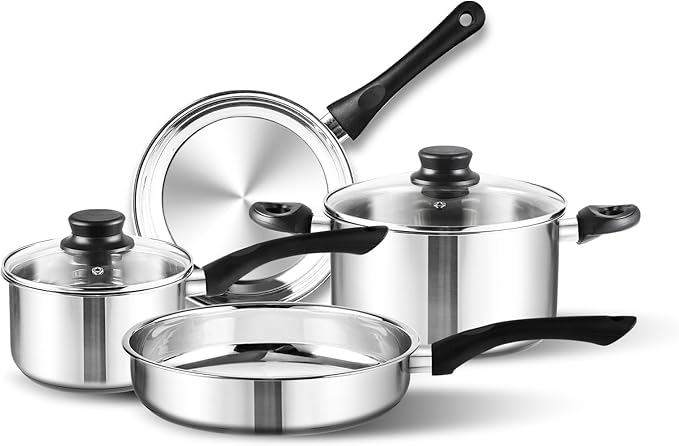 6-Piece Stainless Steel Cookware Set with Glass Lids, Stay-Cool Handles | Fry Pan, Saucepan, Sauce Pots | Compatible with Induction, Electric, Gas Stovetops | PFOA-Free, Dishwasher Safe