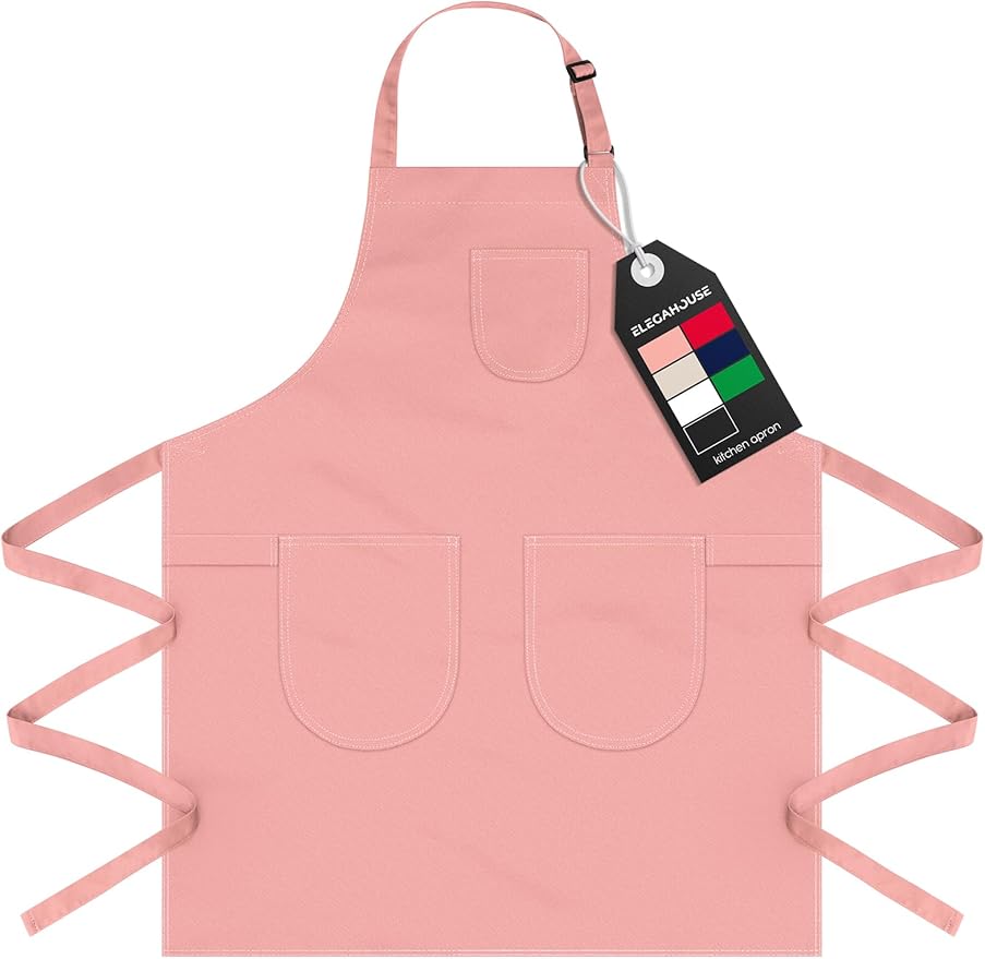 Unisex Apron with Pockets for Cooking, Salon & Art - 100% Cotton Adult Kitchen, Chef, Stylist Apron (Pink)