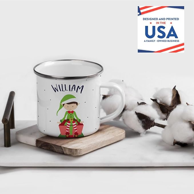 Andaz Press Personalized Name 11oz Kids Christmas Hot Chocolate Stainless Steel Campfire Coffee Mug, Green Boy Xmas Elf Seated, 1-Pack, Custom Birthday Xmas Cup