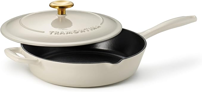 Tramontina Bestow Enameled Cast Iron Skillet with Lid, 10-inch Frying Pan, Latte with Gold Knob