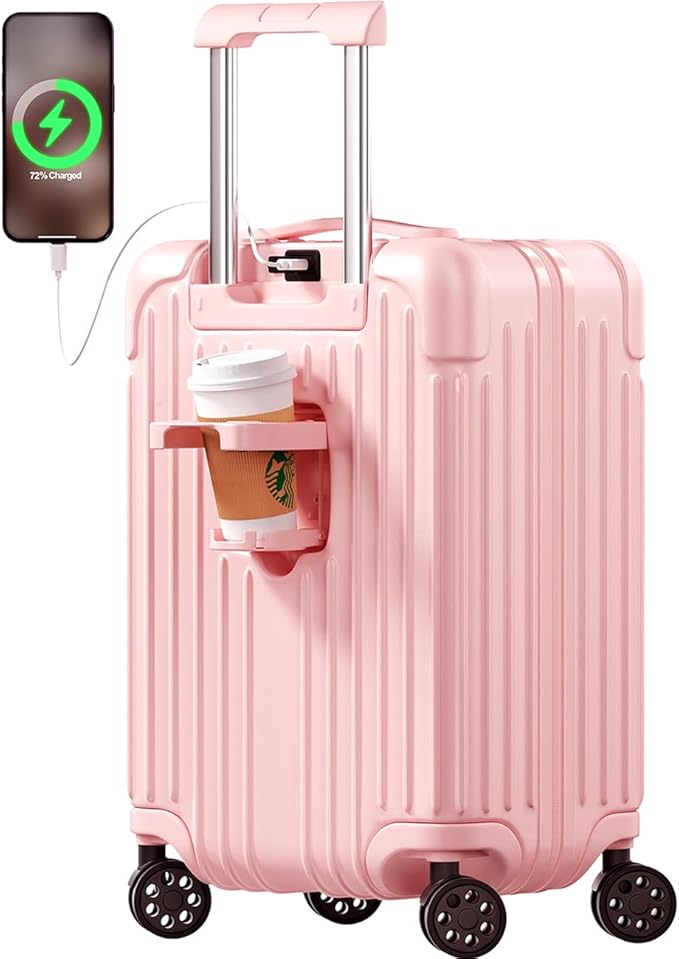 Krute Carry on Luggage 20 Inch Suitcases with Spinner Wheels Hardside Luggages Cup Holder Carry Suitcase USB Charger Port PC+ABS with TSA Lock