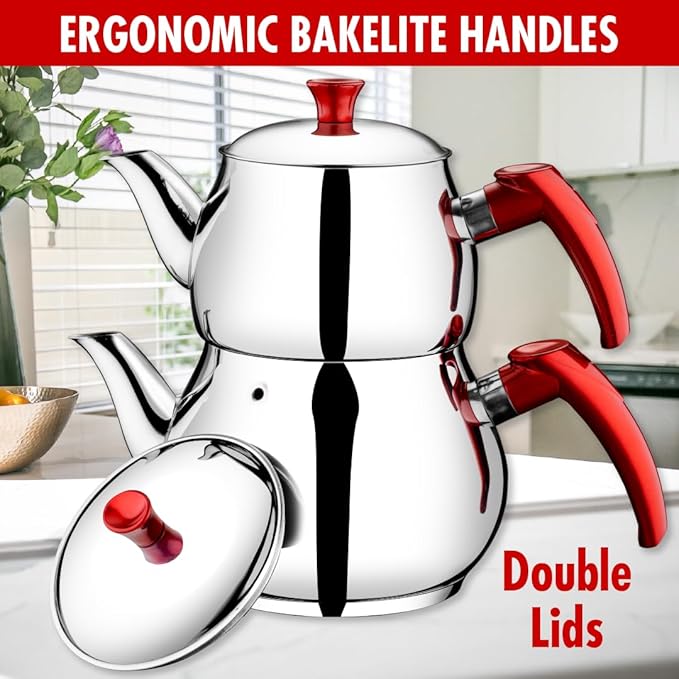 Hakan Stainless Steel 2 L, 67 Oz, Mini Double Bondy Tea Pot Set with Self Strainer Double Lids, Turkish Samovar Style Teapot Set, Tea Kettle for Loose Leaf Tea with Red Bakelite Handle 2.1-Quart