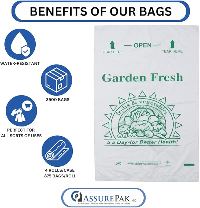 AssurePak Clear Produce Roll - 3500 Bags - 10"x15" – HDPE - 11 Microns - for Grocery, Food Storage, Reusable Produce, Small Business, Kitchen Use, Organization, Lightweight Packaging