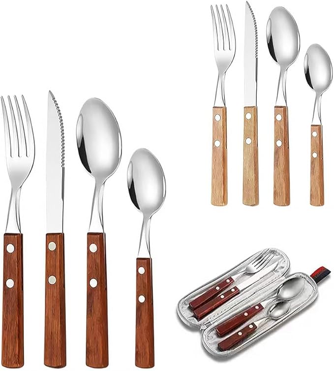 Stainless Steel Wooden Handle Silverware Set,Elegant Western Cutlery Set,Contains Knife, Fork, Spoon (A)