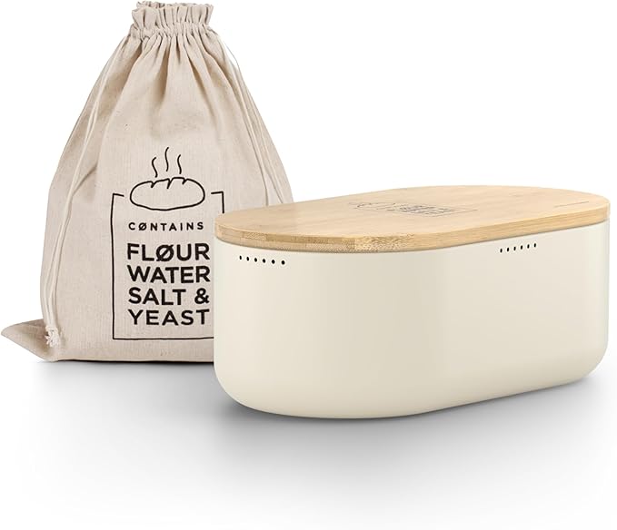LARS NYSØM Bread Box I Metal Box with linen bag for long lasting freshness I Bread Bin with bamboo lid usable as cutting board I 14.2x7.5x5.1 In (Almond Beige)