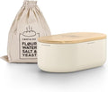 LARS NYSØM Bread Box I Metal Box with linen bag for long lasting freshness I Bread Bin with bamboo lid usable as cutting board I 14.2x7.5x5.1 In (Almond Beige)