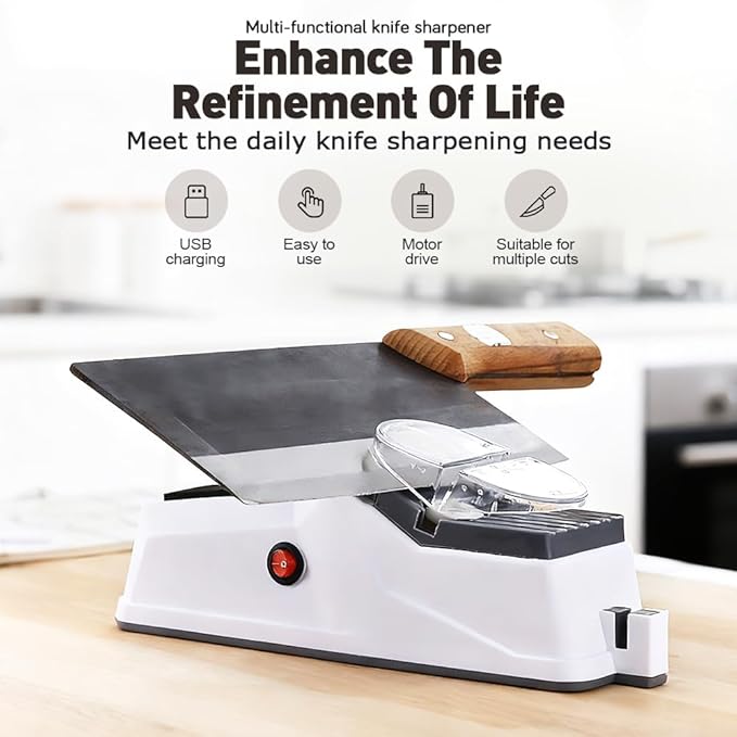 2026 New Electric Knife Sharpener, USB Electric Knife Sharpener with Replacement Grinding Tools, Double-sided Knifes Sharpener, Stable Non-Slip Base, Quick Sharpening & Polishing (2)