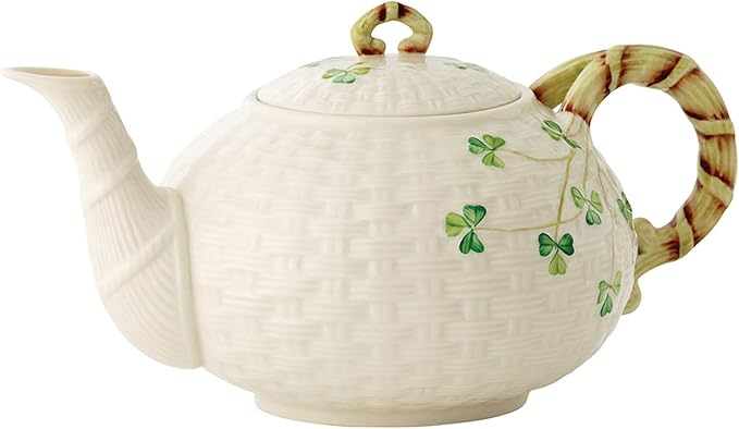 Belleek Classic Shamrock Fine Parian China Tea Pot - 35 oz Irish Handmade Loose Leaf Teapot - Microwave Safe Ceramic Tea Pot - Porcelain Teapot for Tea Service, Decorative Teapots & Coffee Servers