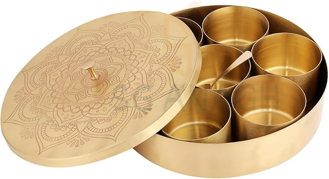 Brass Round Spice Box Masala Dabba-Spice Box Set With Spoon Container 90 ML Indian Masaladanni for Kitchen Counter With Spoon (Floral, 7 Inch)