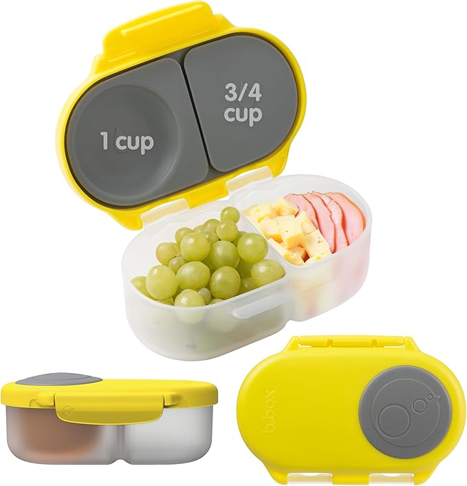 b.box Snack Box Reusable Snack Containers with Lids 2 compartments, Bento Box for kids and toddlers, Leakproof Lunch Box, BPA free and Dishwasher Safe Snack Container (Lemon Sherbet, 1 3/4 Cup)