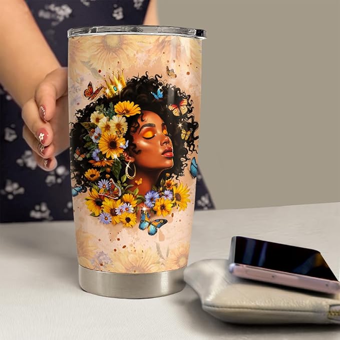 Black Woman Tumbler 20oz Stainless Steel Insulated Travel Mug Cup for Women Girls Gifts for Birthday Christmas