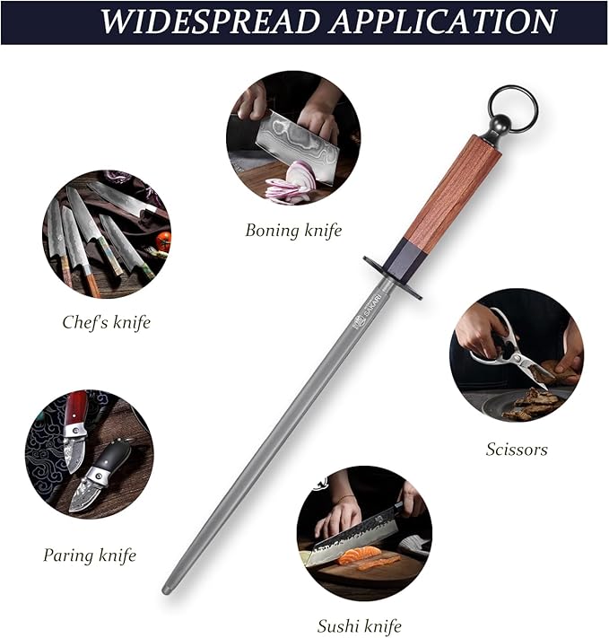 MITSUMOTO SAKARI 12 Inch Knife Sharpener Rod, Round Knife Honing Rod, High Carbon Honing Steel