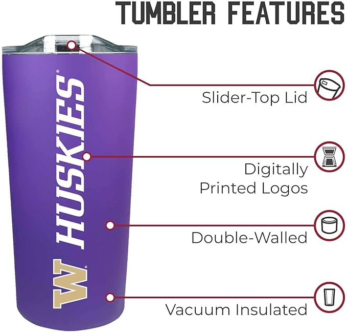 Campus Colors NCAA Stainless Steel Tumbler perfect for Gameday - 18 oz - Double Walled - Keeps Drinks Perfectly Insulated (Washington Huskies - Purple)