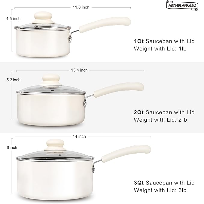 MICHELANGELO Nonstick Sauce Pan Sets, Ceramic Saucepan with Lid, Multipurpose Pot with Lid, Non-Toxic Saucepans, Induction Compatible, 2QT, White