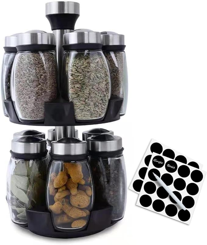 Handisen Revolving Spice Rack Organizer Storage for kitchen, Spice Stand Holder, Spinning Countertop Herb and Spice Rack Organizer with 12 Glass Jar Bottles Set