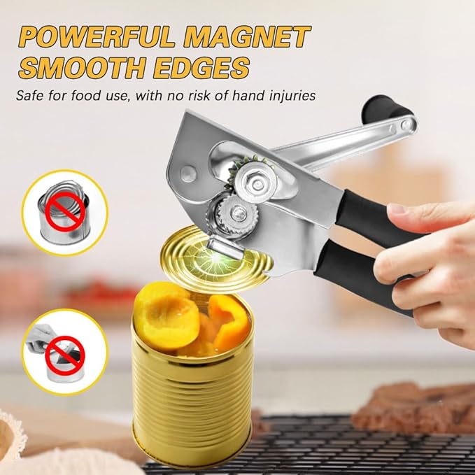 NUFR Commercial Heavy-Duty Manual Can Opener with Easy-Turn Crank, Long Rubber Handle & Magnetic Lid Holder