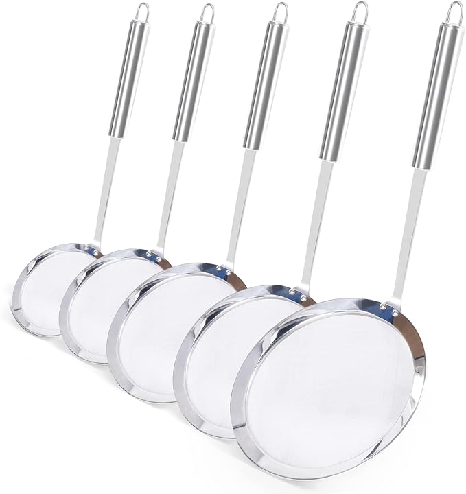 Newness Fine Mesh Strainer Set of 5 with Handle, 304 Fine Mesh Stainless Steel Colander, Wire Strainers for Kitchen, Fat Oil Strainer Skimmer Spoon, Durable Metal Multipurpose for Food, Rice, Quinoa