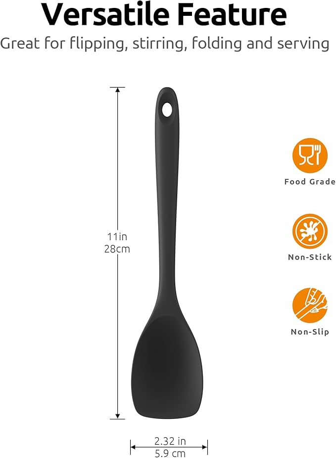 600ºF Heat Resistant Spatula Spoon: U-Taste Flexible Silicone Cooking Scoop Spoonula, Serving Mixing Scraping Food in Non-Stick Pan Cookware, Seamless Multifunctional Kitchen Utensil (Black)
