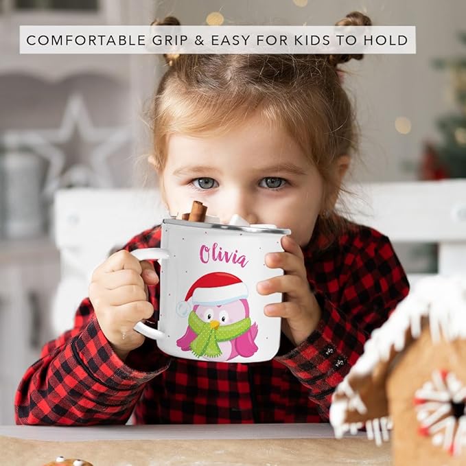 Andaz Press Personalized Name 11oz. Kids Christmas Hot Chocolate Stainless Steel Campfire Coffee Mug, Festive Pink Owl, 1-Pack, Custom Birthday Xmas Cup Hot Chocolate Mugs For Kids Christmas Mugs