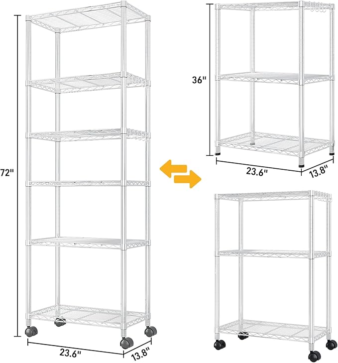 Karl home 6-Tier Storage Shelving with 1.5" Wheels,Adjustable NSF Metal Shelves Wire Storage Rack for Garage Kitchen Basement,1020LBS Capacity 72.83" H X 23.6" W X 13.78" D,Stainless S Hooks,Silver