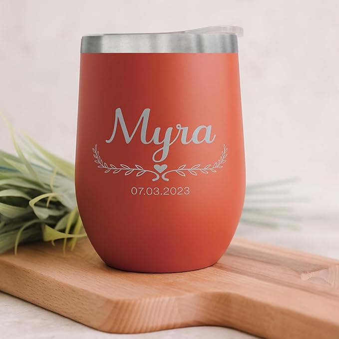 Gifts Inscribed Personalized Wine Tumbler with Lid – Orange Custom Engraved Stainless Steel Insulated Mug for Hot & Cold Drinks – Customized Bridesmaid, Wedding, or Birthday Gift