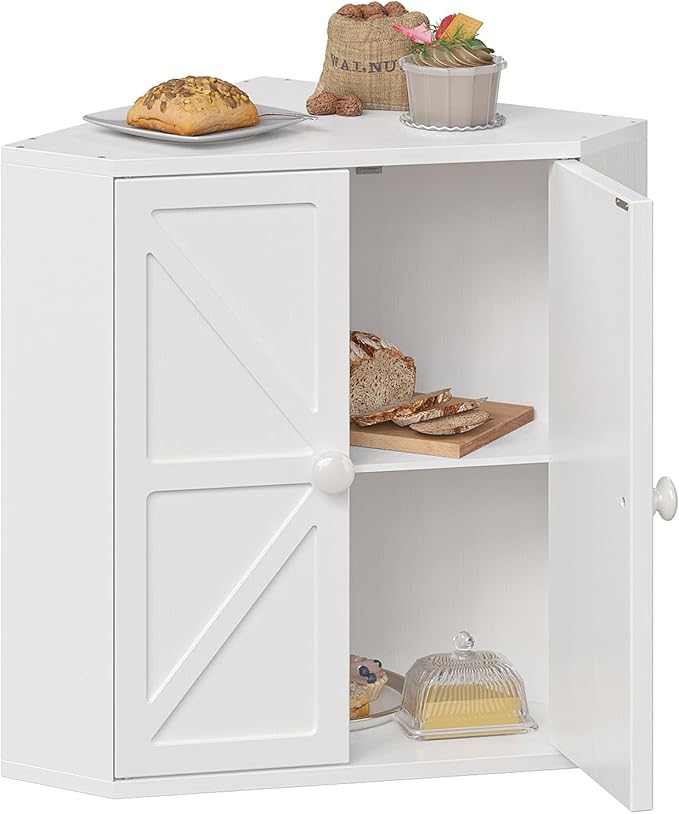 Corner Bread Box for Kitchen Counter Double Layer Bamboo Bread Storage Container Large Capacity Bread Storage Bin Farmhouse Breadbox Organizer (White)