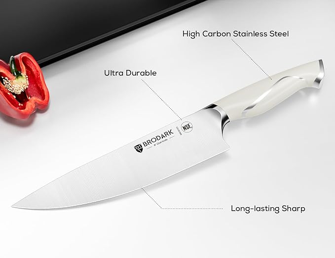 BRODARK Kitchen Knife Sets with Block and Built-in Sharpener - 15 Pcs Full Tang Professional Chef Knife Set - NSF Certified Food Grade Stainless Steel Cutlery Set - Ivory Series for Christmas Gift