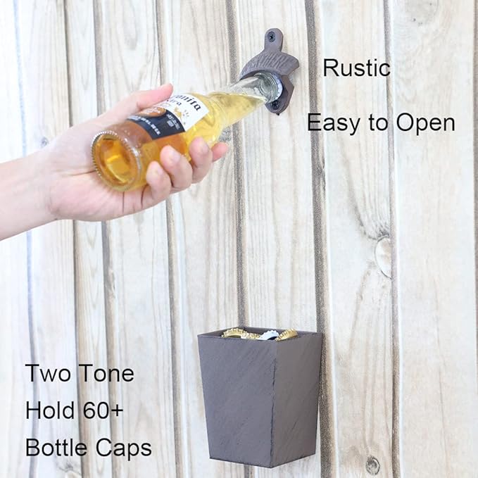 Rustic Cast Iron Beer Bottle Opener Wall Mounted with Cap Catcher Vintage Narrow Bundle