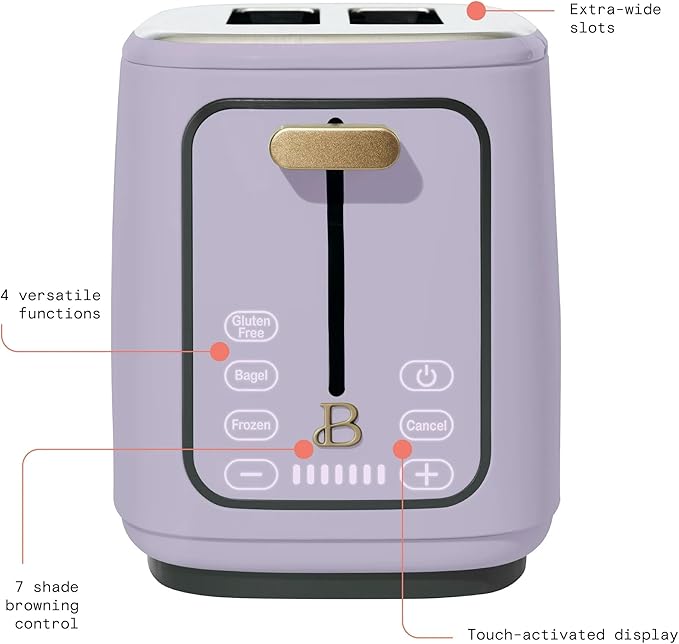 Beautiful 2 Slices Toaster with Touch-Activated Display, Lavander – Extra Wide Slots, 7 Shade Settings, Bagel & Defrost Functions, Removable Crumb Tray, Stylish Stainless Steel by Drew Barrymore