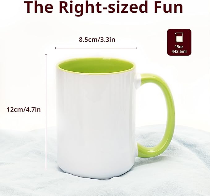 Ceramic 15oz White Sublimation Coffee Mug, 6 Assorted Colors of Black, Red, Blue, Yellow, Pink and Green, Case of 24