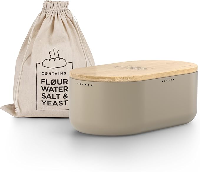 LARS NYSØM Bread Box I Metal Box with linen bag for long lasting freshness I Bread Bin with bamboo lid usable as cutting board I 14.2x7.5x5.1 In (Taupe Brown)