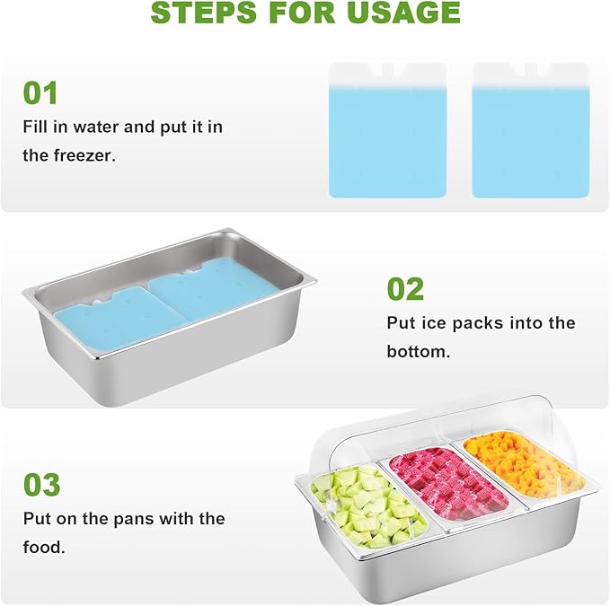 Cold Food Buffet Server 3 Pans×4QT with Ice Packs for Salad Pizza Sauce Colded Serving Trays Condiments Containers for Parties Buffet