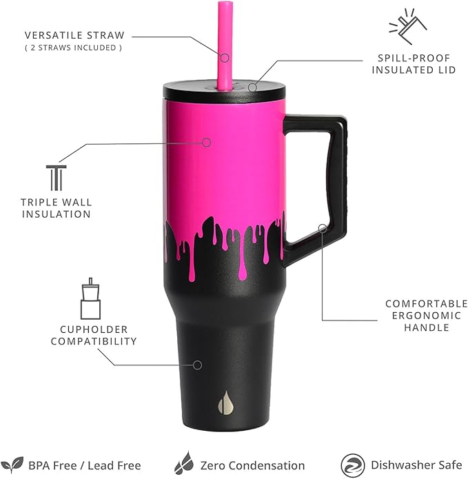 Elemental 40 oz Tumbler with Handle and Straw - Spill Proof Insulated Stainless Steel Commuter for Hot and Cold Beverages - Travel Coffee Mug with 2 Straws & Spill Proof Lid - 40oz - Hot Pink Drip