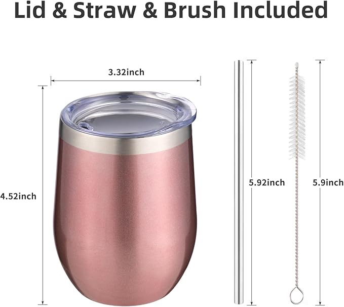 12 oz Insulated Wine Tumbler with Lid and Straw,Stainless Steel Stemless Wine Tumbler Glasses Double Wall Vacuum Wine Cups Bulk for Coffee,Champaign,Cocktail,Office(Rose Gold,4)