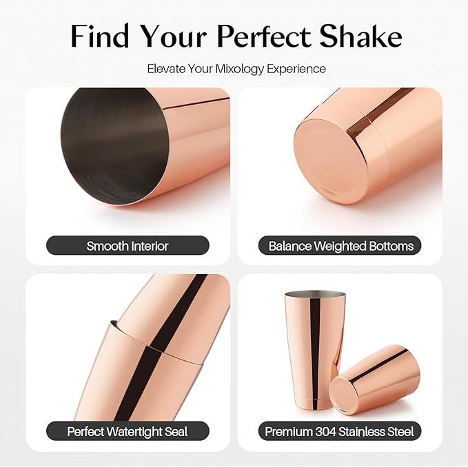 WOTOR Boston Cocktail Shaker Set, 18 oz & 28 oz Stainless Steel Weighted Shaker Tins, Metal Martini Shaker Drink Mixer for Bartending, professional Bar Tools for Bartender （Rosegold）