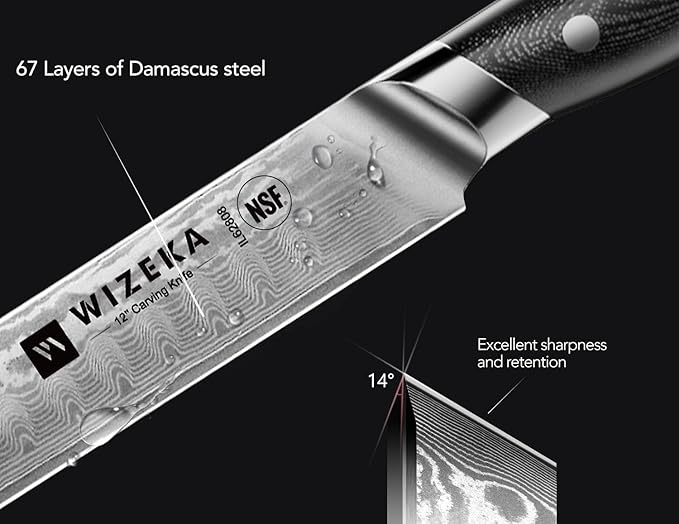 WIZEKA 12 Inch Damascus Slicing Knife - Ultra Sharp, Full Tang Carving Knife with G10 Handle, Great for Slicing Roasts, Meats, Fruits