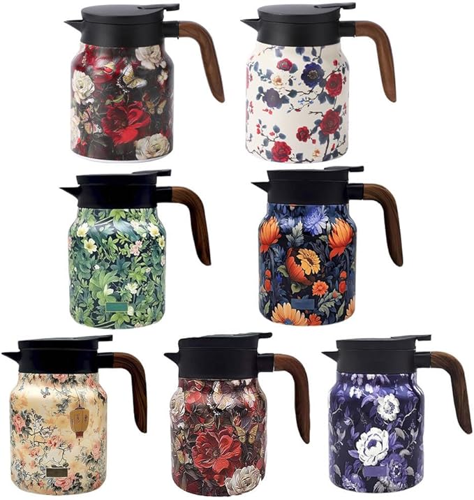 Vintage Floral Pattern Tea Pots – Built-in Infuser,Vintage Floral Teapot with Built In Infuser Stainless Steel Thermal Carafe with Lid for Hot Drinks,Blue(Wooden handle,35oz)