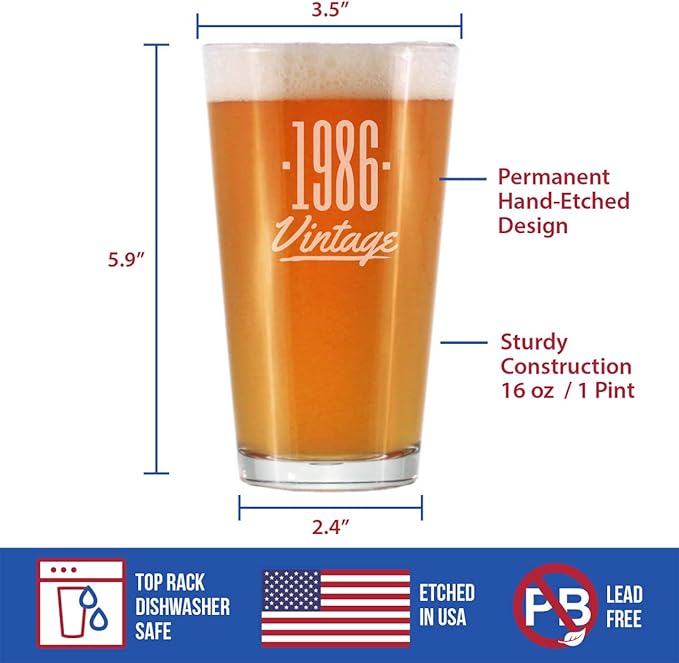 Vintage 1986 Pint Glass for Beer - 39th Birthday Gifts for Men or Women Turning 39 - Fun Bday Party Decor - 16 oz